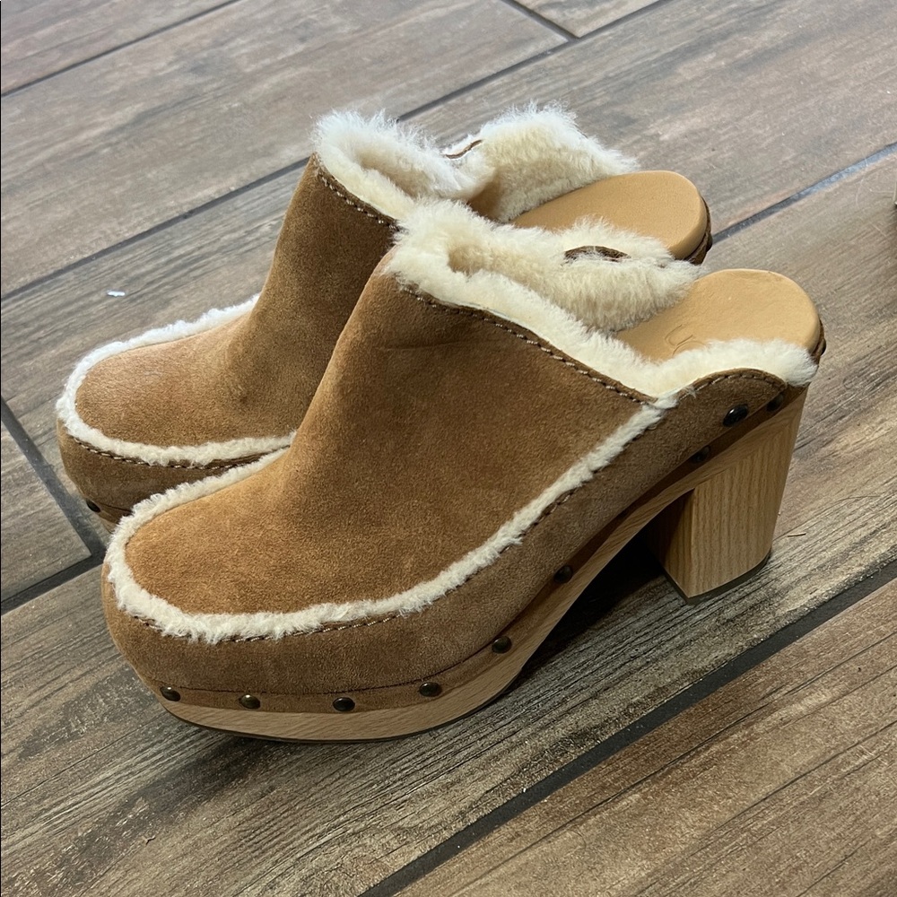 UGG Tan Suede Clogs with Cream Fur Trim